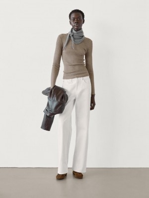 Massimo Dutti Long Sleeve Ribbed Women T-Shirt Brown Beige | US-NQ2603784