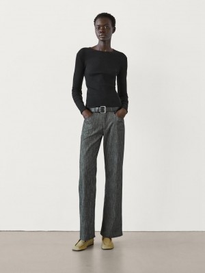 Massimo Dutti Long Sleeve Ribbed Women T-Shirt Black | US-UW8243906