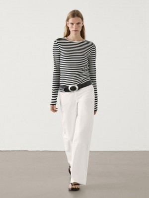 Massimo Dutti Long Sleeve Striped Cotton Women T-Shirt White / Black | US-WV0328659