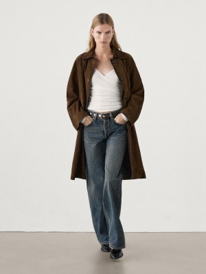 Massimo Dutti Long Sleeve V-neck Women T-Shirt Cream | US-YW9583126