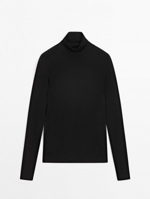 Massimo Dutti Long Sleeve Wool Women T-Shirt Black | US-YP1073824