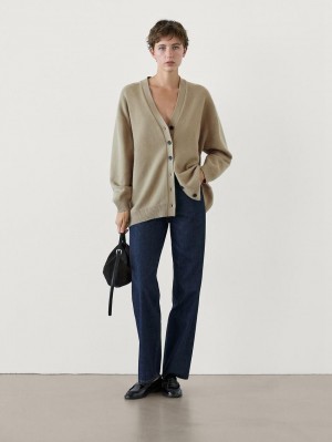 Massimo Dutti Long Wool Knit Women Cardigan Light Green | US-TZ7482309
