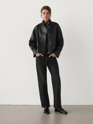 Massimo Dutti Loose-fitting Nappa Women Leather Jacket Black | US-WD1560493