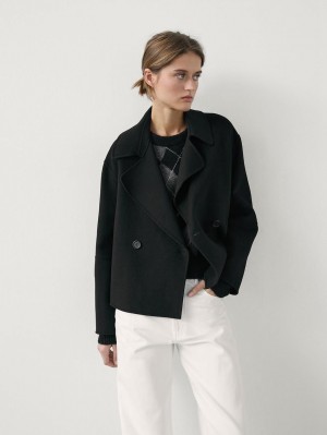 Massimo Dutti Loose-fitting Wool Blend Cropped Women Trench Coat Black | US-AS5904671