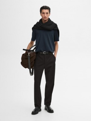 Massimo Dutti Mercerised Cotton Men T-Shirt Dark Blue | US-RQ7109645