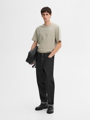 Massimo Dutti Mercerised Cotton Men T-Shirt Light Khaki | US-BD7903521