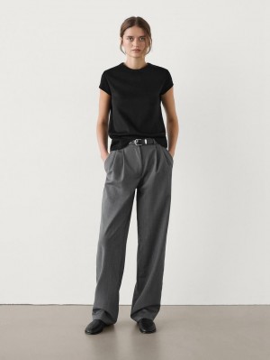Massimo Dutti Mercerised Cotton Women T-Shirt Black | US-KV4079283