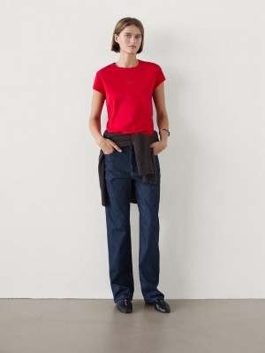 Massimo Dutti Mercerised Cotton Women T-Shirt Red | US-PM3740865