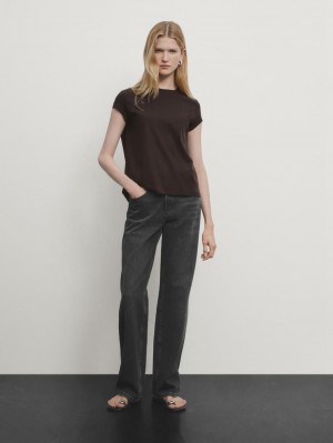 Massimo Dutti Mercerised Cotton Women T-Shirt Dark Brown | US-BL0124539