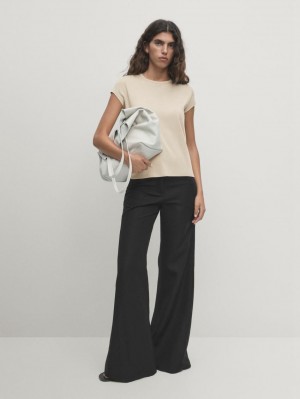 Massimo Dutti Mercerised Cotton Women T-Shirt Cream | US-NE9814327