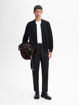 Massimo Dutti Merino Wool Blend Bomber-style Men Cardigan Black | US-DI4653029