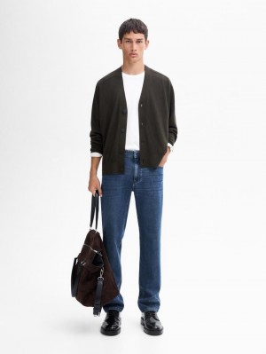 Massimo Dutti Merino Wool Men Cardigan Dark Khaki | US-XB0849231