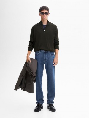Massimo Dutti Merino Wool With Zip Detail Men Sweater Dark Khaki | US-WI9802753