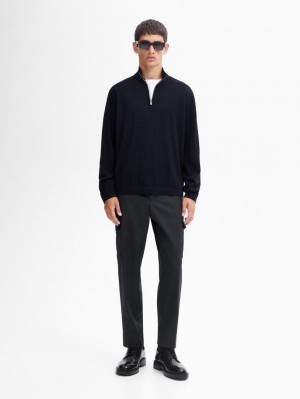 Massimo Dutti Merino Wool With Zip Detail Men Sweater Navy | US-OV6015389