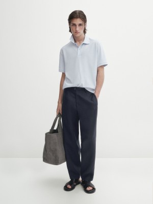 Massimo Dutti Microtextured Cotton Piqué Men Polo Shirt Light Blue | US-JK8603925