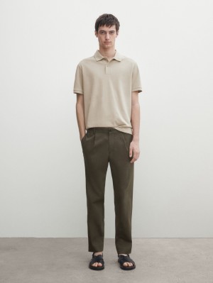 Massimo Dutti Microtextured Cotton Piqué Men Polo Shirt Light Khaki | US-HC8391264