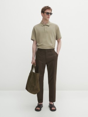 Massimo Dutti Microtextured Cotton Piqué Men Polo Shirt Khaki | US-ZQ7813046