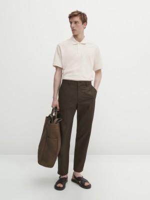 Massimo Dutti Microtextured Cotton Piqué Men Polo Shirt Cream | US-CO1356740