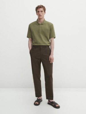 Massimo Dutti Microtextured Cotton Piqué Men Polo Shirt Olive | US-BQ3512094