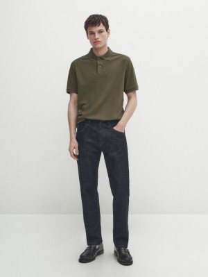 Massimo Dutti Microtextured Cotton Piqué Men Polo Shirt Dark Khaki | US-AP0369845