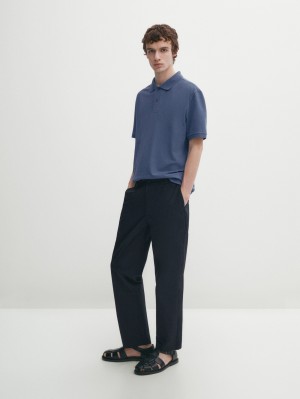 Massimo Dutti Microtextured Cotton Piqué Men Polo Shirt Blue | US-VB0948216