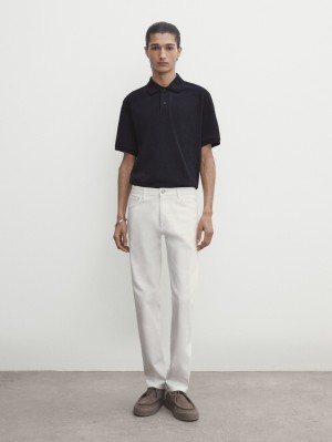 Massimo Dutti Microtextured Cotton Piqué Men Polo Shirt Navy | US-NT2359140