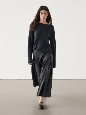 Massimo Dutti Midi With Asymmetric Pleated Yoke Women Skirts Dark Blue | US-RF7409615