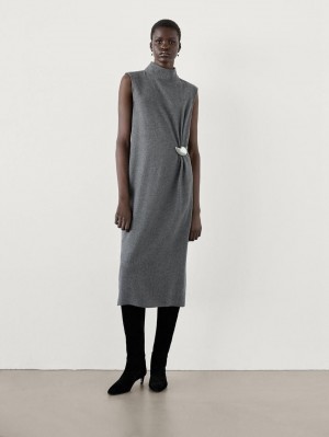 Massimo Dutti Midi With Brooch Detail Women Dress Grey | US-AO5109284