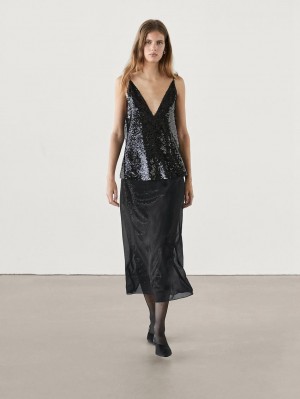 Massimo Dutti Midi With Concealed Sequins Women Skirts Black | US-NX0926875