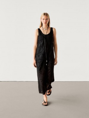 Massimo Dutti Midi With Embroidered Detail Women Dress Black | US-ZL1753420