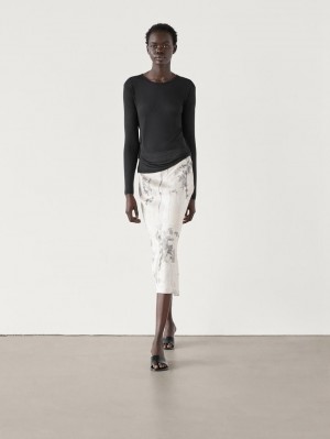 Massimo Dutti Midi With Print Detail Women Skirts Cream / Black | US-QL2497186