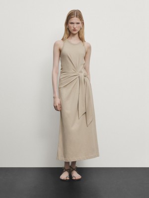 Massimo Dutti Midi With Tie Detail Women Dress Beige | US-EZ7582140