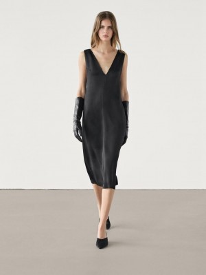 Massimo Dutti Midi With V-neckline Women Dress Black | US-EL4273165