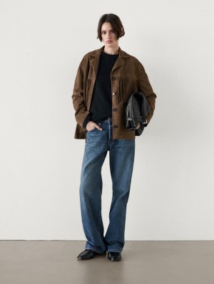 Massimo Dutti Mid-rise Wide-leg Full Length Women Jeans Blue | US-BV6408321