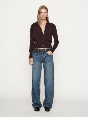 Massimo Dutti Mid-rise Wide-leg Full Length Women Jeans Light Blue | US-TE6385207