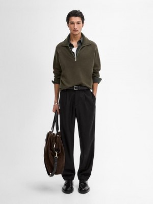 Massimo Dutti Mock Neck Knit Men Sweater Dark Khaki | US-XE9504236