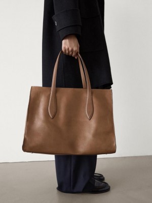Massimo Dutti Nappa Leather Maxi Women Tote Bag Brown | US-DF9403612