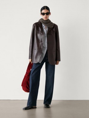 Massimo Dutti Nappa Leather Textured Women Blazer Dark Brown | US-KV7140265