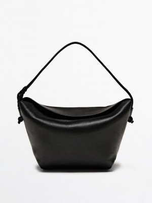 Massimo Dutti Nappa Leather With Knots Women Shoulder Bag Black | US-VH9752638
