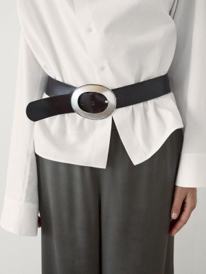 Massimo Dutti Nappa Leather With Oval Buckle Women Belt Black | US-ML9234587