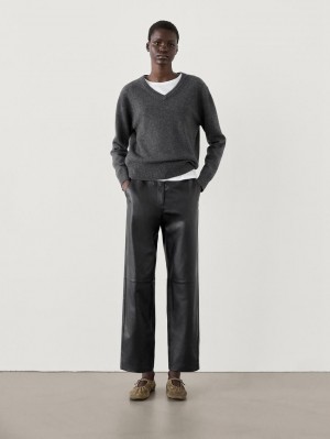 Massimo Dutti Nappa Leather With Seam Details Women Trousers Black | US-AT3612854