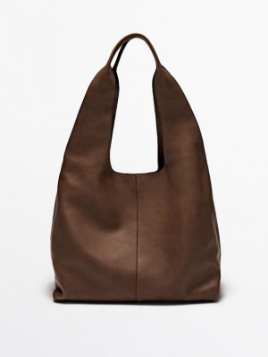 Massimo Dutti Nappa Leather Women Tote Bag Brown | US-TD9064582