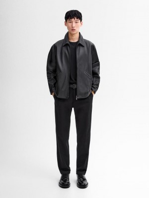 Massimo Dutti Nappa Men Leather Jacket Black | US-KE1027598