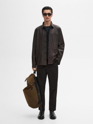 Massimo Dutti Nappa Shirt With Chest Pocket Men Leather Jacket Dark Brwon | US-YF5342087