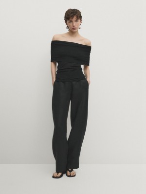 Massimo Dutti Off-the-shoulder Women Top Black | US-KQ3875019