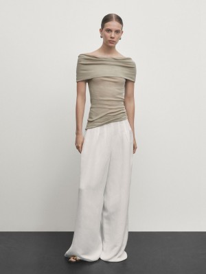 Massimo Dutti Off-the-shoulder Women Top Khaki | US-JY8239106