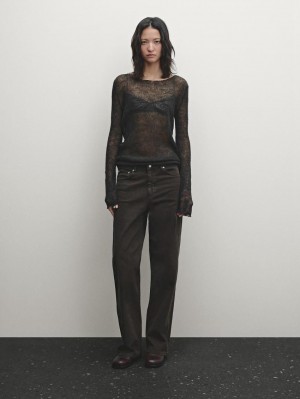 Massimo Dutti Open Knitted Detail Women T-Shirt Dark Green | US-KC8379246