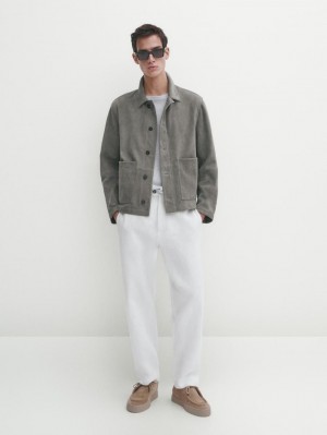 Massimo Dutti Overshirt With Pockets Men Leather Jacket Grey | US-LF1047392
