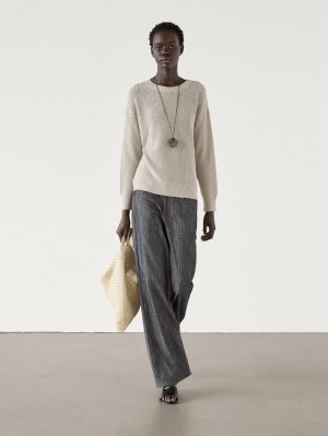 Massimo Dutti Oversize Crew Neck Knit Women Sweater Cream | US-KJ1654978