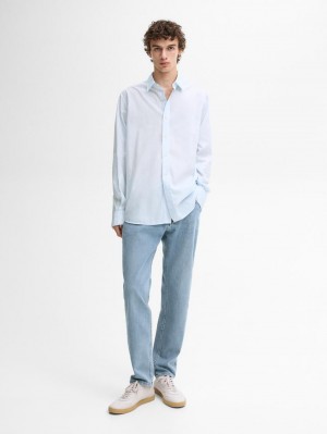 Massimo Dutti Pinstriped Cotton Men Shirts Light Blue | US-VK4580736